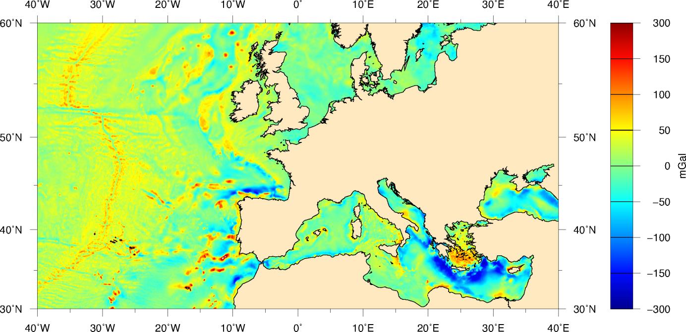 ©Shom - Exemple de modèle d’anomalie gravimétrique (exprimée en milliGal (1 mGal = 10-5 m/s²).