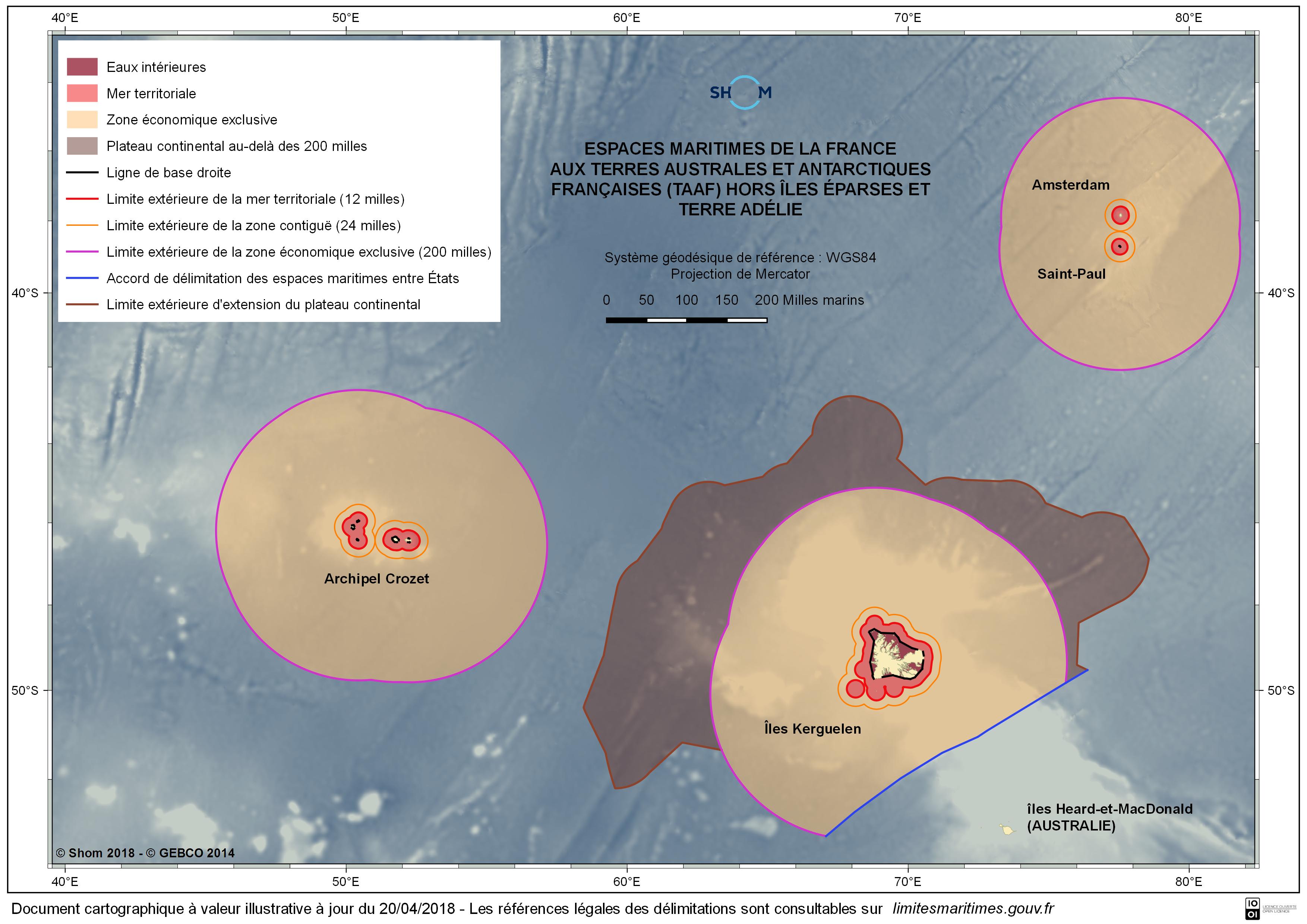 Carte des espaces maritimes de la France aux Terres Australes et Antarctiques françaises (TAAF) hors îles Eparses et Terre Adélie