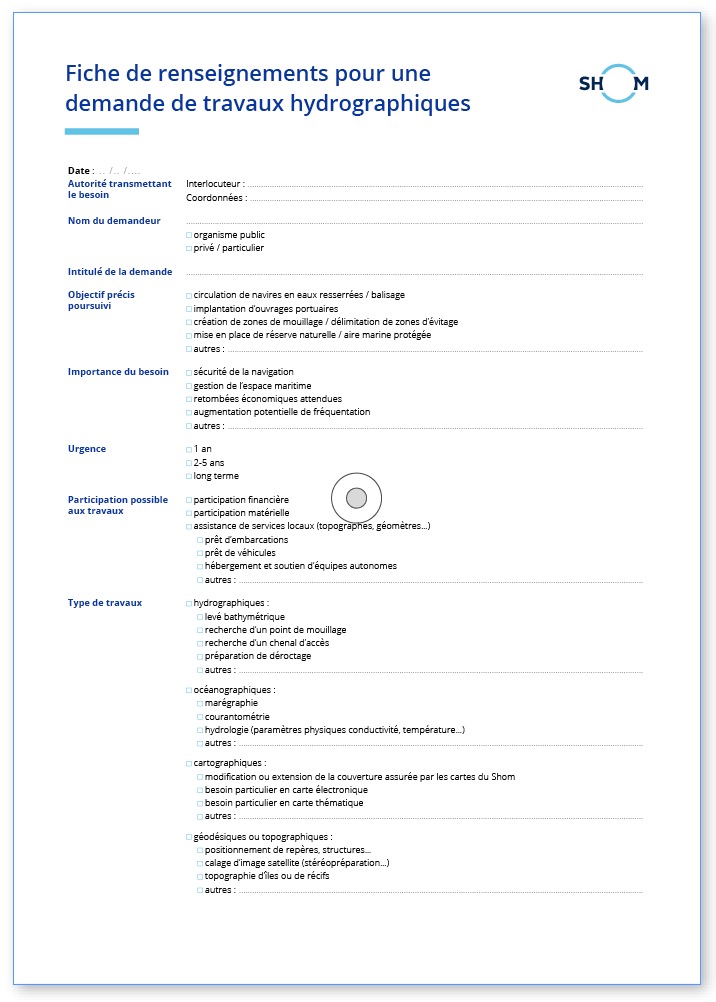 Fiche de renseignements pour une demande de travaux hydrographiques - visuel