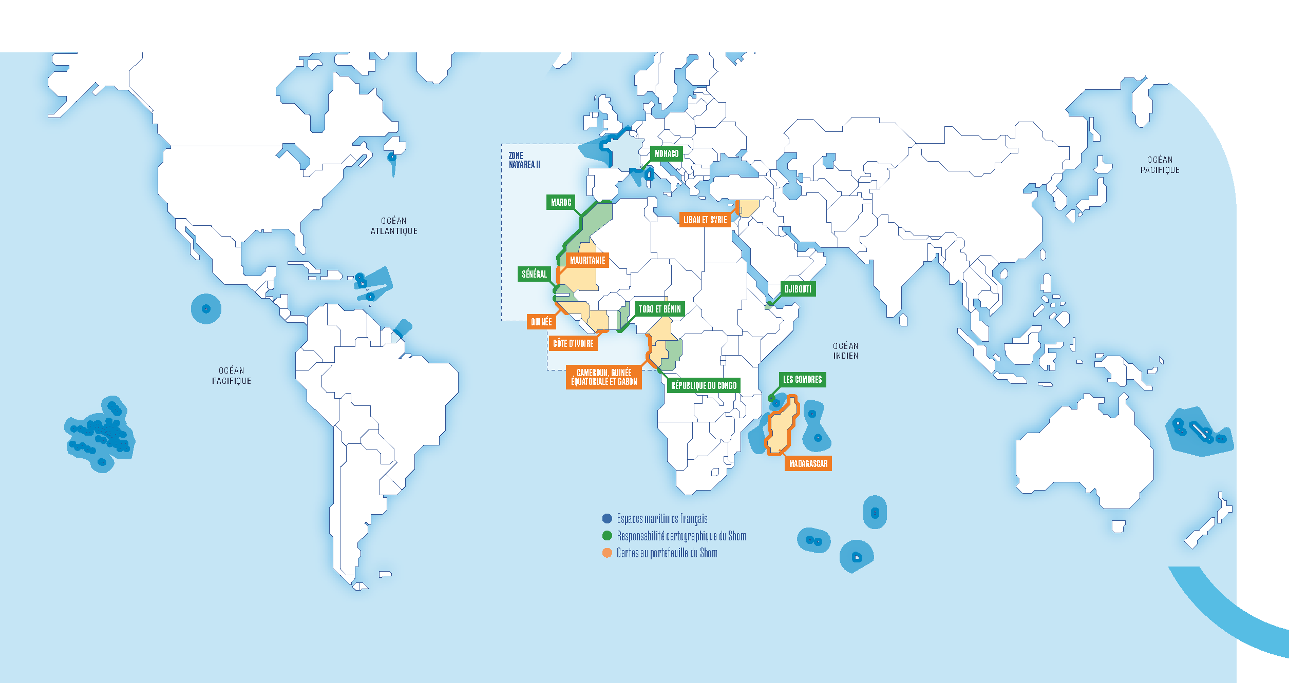 Carte de l'espace maritime français et des responsabilités du Shom