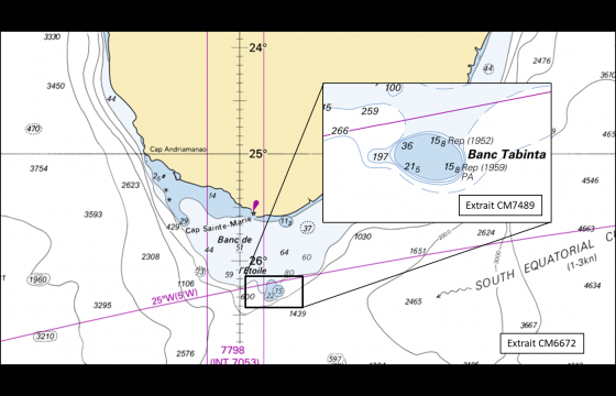 Extrait des cartes marines 6672 et 7489 montrant la pointe sud de l'ile de Madagascar